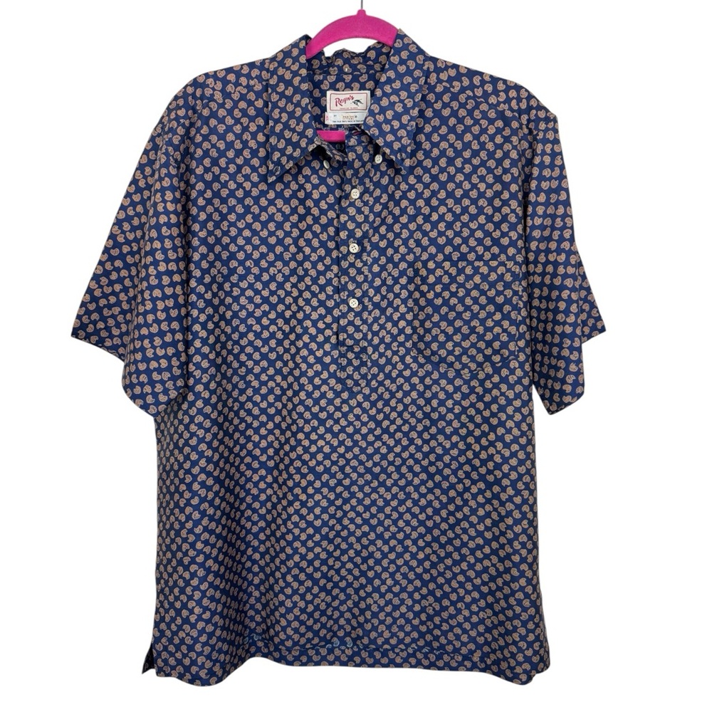 Reyn Spooner Popover Shirt Mens XL Thai Silk Seashell Print Navy Vintage